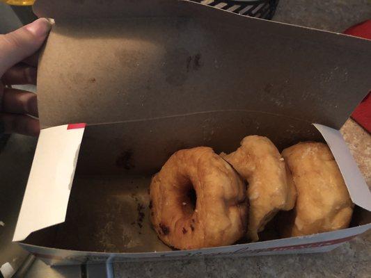 I had three more donuts in here. I ordered six. These are not fresh at all.