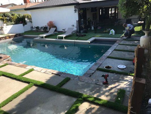 Pool Remodeling, Concrete With Turf Strips, Artificial Grass By Home Sweet Home Remodeling, A Leading Pool Builders In Inglewood, CA