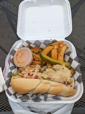 Chicken/Bacon/Chipotle Ranch with bell peppers, mushrooms, and jalapenos.