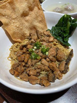 F5. Bakmi Ayam Bakso comes w/ meatballs in beef broth soup (background)