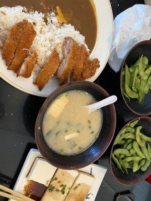 Chicken katsu, side of tofu, miso soup, edamame