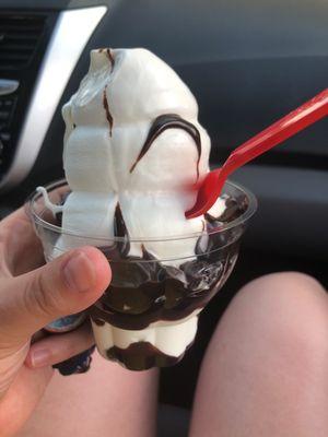 Second sundae extra hot fudge.  First one had half the ice cream. This one is a remake, with hardy the "extra fudge" I paid for.