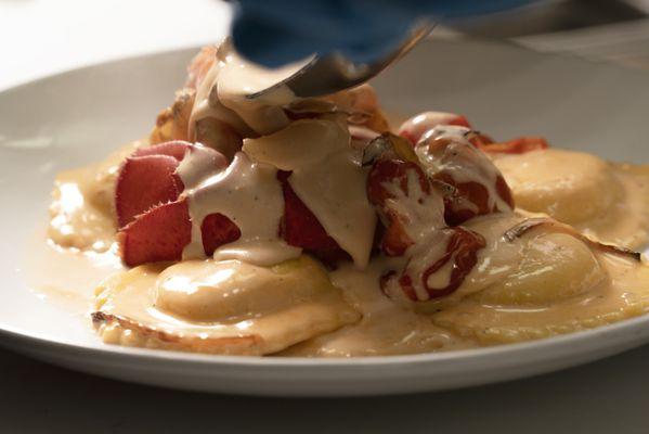 Lobster ravioli with shrimp, scallop and lobster tail