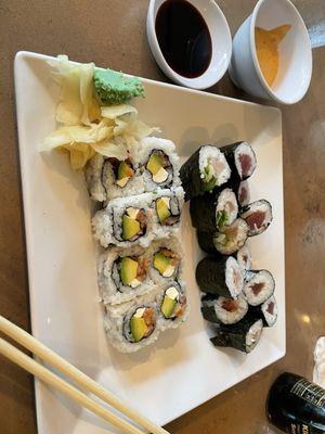 Tuna, yellowtail, Philly rolls