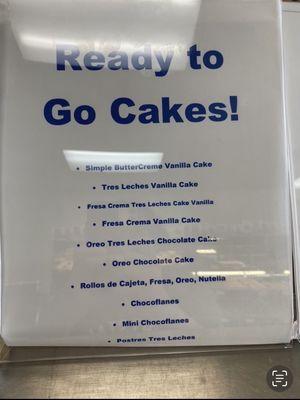 Menu of cakes that are ready to buy!