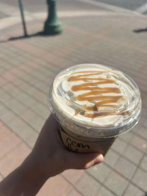 16oz Carmel Cream macchiato w/ extra Carmel drizzle