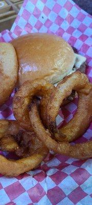 Swiss burger and onion rings