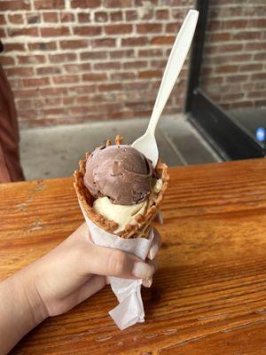 Scoop of Cinnamon and Dark Chocolate in a Waffle Cone