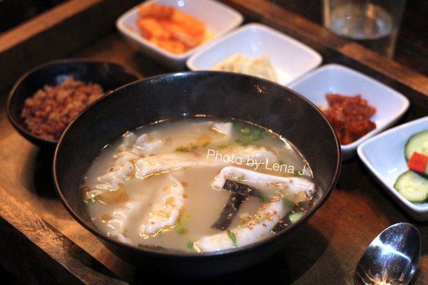 Dumpling Soup ($17.99) - assorted dumplings, egg, scallions, sesame oil and roasted seaweed in a hearty beef broth