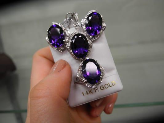 Classic amethyst jewelry.  Earrings, pendant and ring.