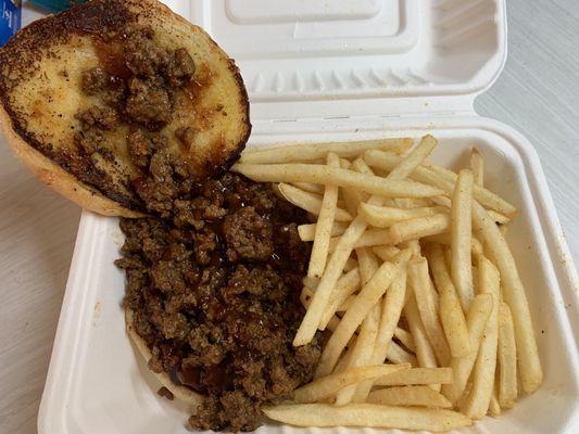 Sloppy Joe sandwich with Fries.