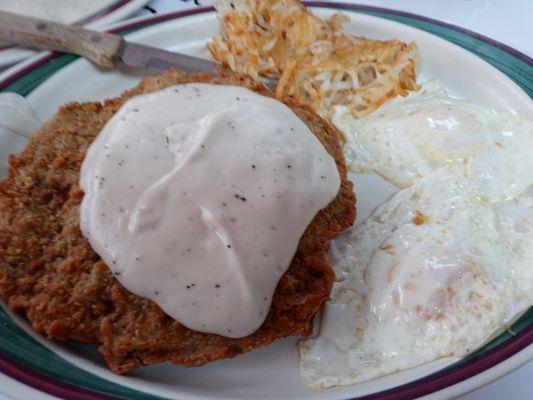 Chicken fried steak, 2 eggs, hash browns.