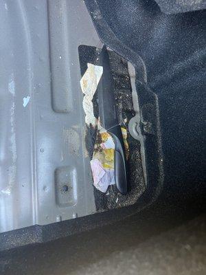 Knife and mess in trunk of car that Carhop sold to my 18yo granddaughter!