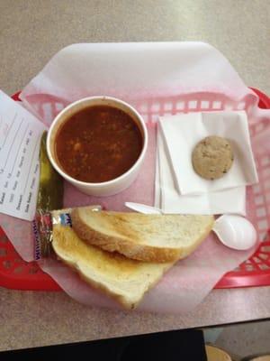 Delicious lunch under $5.  A cup of hearty hamburger soup with toasted and buttered sourdough.