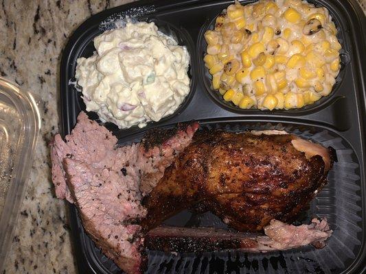 2 Meat plate with cream corn and potatoe salad