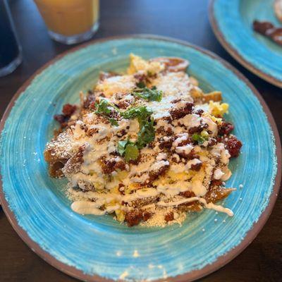 Green Durango chilaquiles w/ chorizo