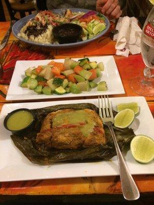 Chapin tamal and steamed veggies, white chicken in back.