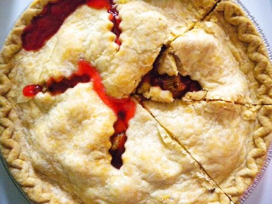 strawberry rhubarb pie - fresh and hot from the bakery