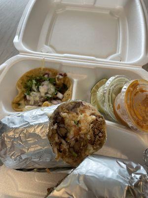 Asada burrito and one asada taco