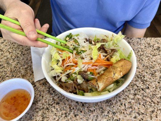 Vermicelli rice noodles with pork & egg rolls