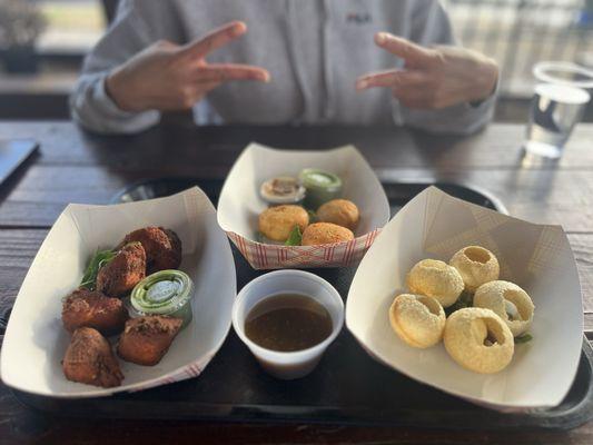 Left: salmon fritters Middle: Aloo tikka (Potato) Right: Gol gappa (Potato with masala and chutney with shot sauce)