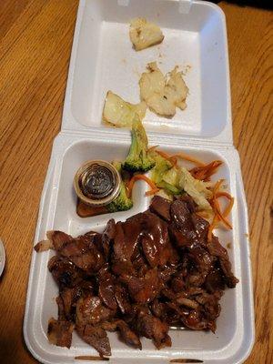 teriyaki pork with dirty steamed veggies.