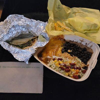 8/5/2023 - Order in: a carnitas street taco, beef crunchy taco and an enchilada shredded beef plate so loads of leftovers of yum!