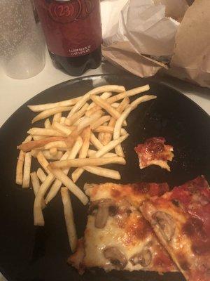 My plate, sliced and crispy fries even after delivery.