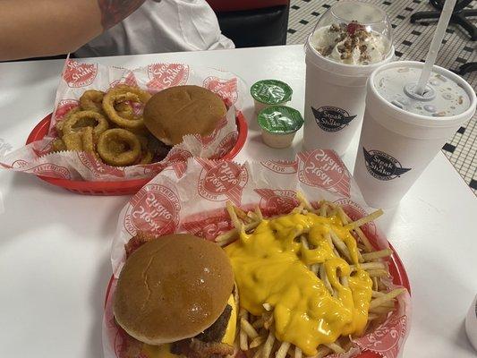 Two Bacon 'n Cheese Double Steakburger Combo with a Snickers shake and a doctor pepper