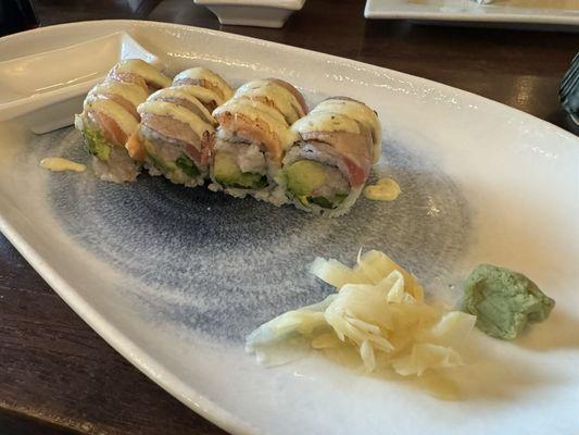 Dynamite Roll - Yellowtail jalapeño & avocado topped w. tuna & salmon