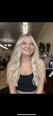 Bright blonde full highlight with 2 rows of 18" extensions color matched perfectly to blend