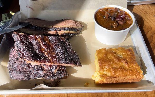 St. Louis style ribs, brisket, baked beans and cornbread