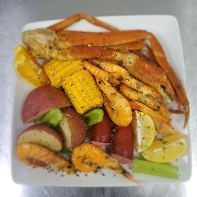 New Orleans Boiled Shrimp, Crablegs, Corn, Sausage and Potatoes.