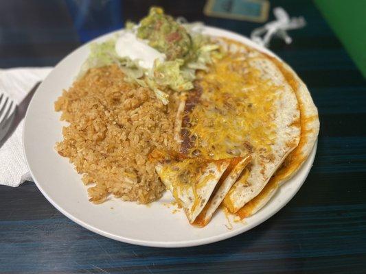 Pork Quesadilla all rice and generous portion of salad