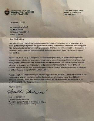 Thank you letter from University of Miami Woman's Cancer Association