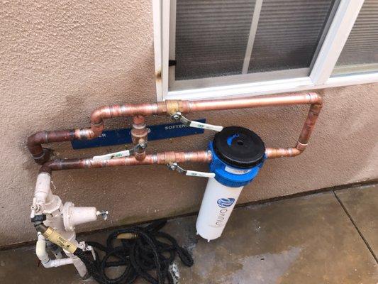 Nuvo H2O whole house water filtration installed by OC Plumbing with proper Bypass shut offs installed as well..