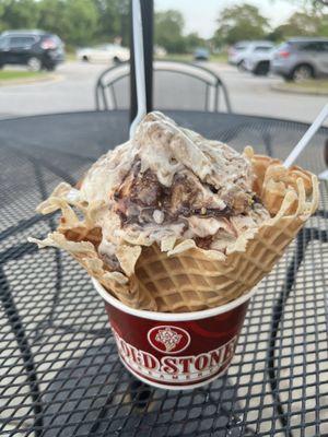 Cake batter base, cookie dough, & fudge in a waffle bowl