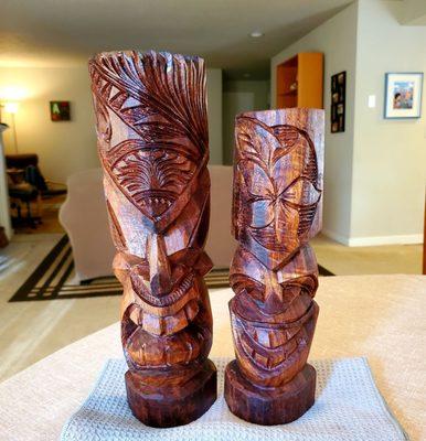 Our tikis after sanding & applying Howard Feed n Wax. You can really appreciate the beauty & grain of the koa wood.