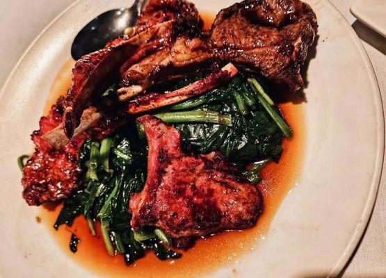 Lamb chops over Sauteed Spinach with Garlic