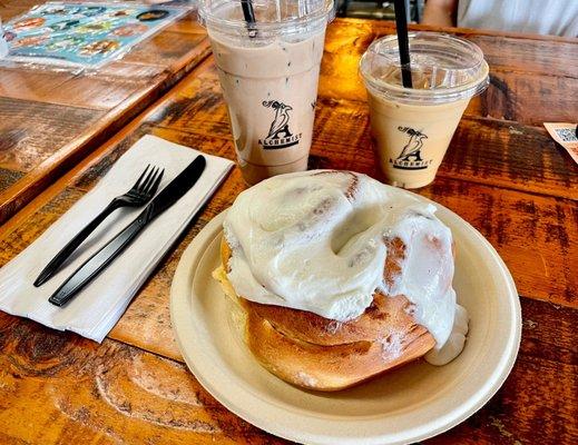 Cinnamon roll and a mocha breve.