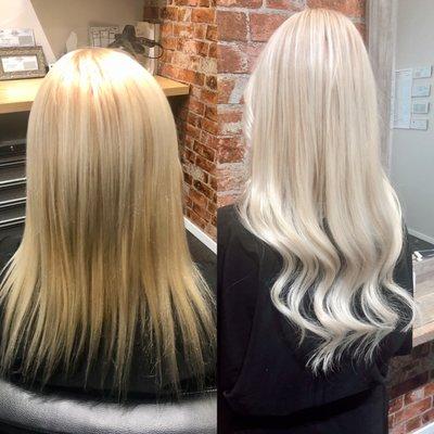 Before and after 2 rows of tape-in extensions.