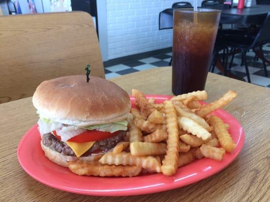 Cheeseburger with crinkle cut fries and a sweet tea, That's AMERICA!