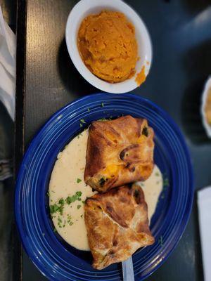 Salmon En Croute, with a side of mashed sweet potatoes.