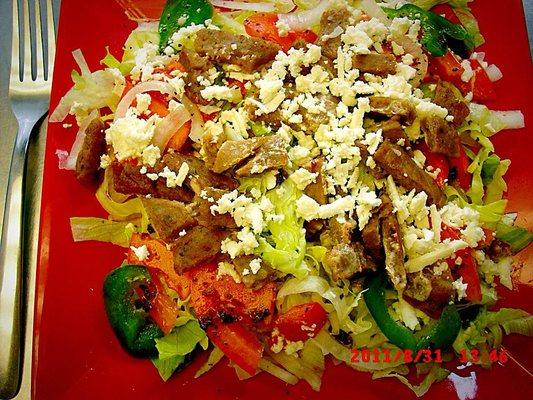 Feta salad with lettuce tomato onion peppers,Feta, Chicken or Gyros meat