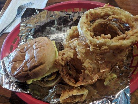 Cheeseburger and homemade onion rings