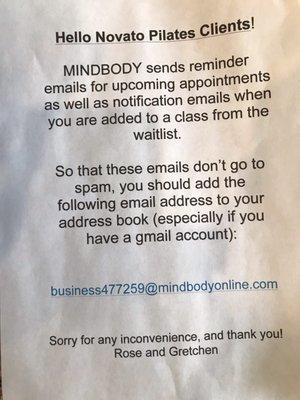 Add the email address of: business477259@mindbodyonline.com into your contacts to get timely reminders of your appointments.