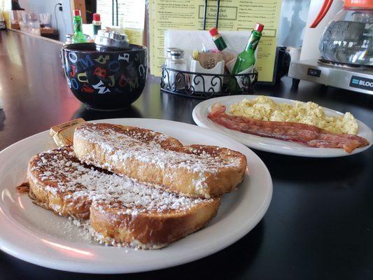 French toast, bacon and egg breakfast.