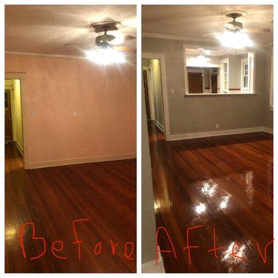 Interior paint, restored hardwood floors, kitchen wall cut out.