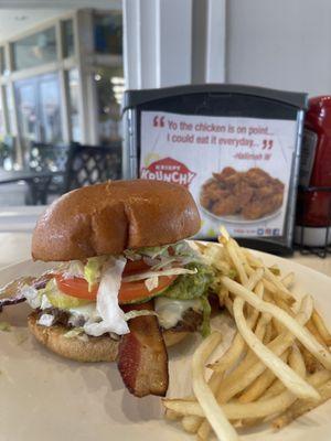 The Beach burger with pepper jack, avocado mash, bacon, and LTO!