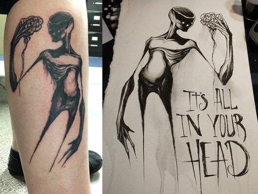 Right: Original artwork by Shawn Coss. Left: My tattoo the day after my appointment. LOVE IT!